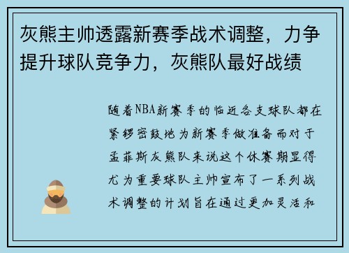 灰熊主帅透露新赛季战术调整，力争提升球队竞争力，灰熊队最好战绩