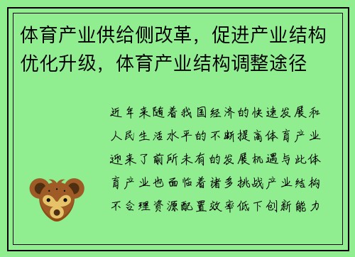 体育产业供给侧改革，促进产业结构优化升级，体育产业结构调整途径