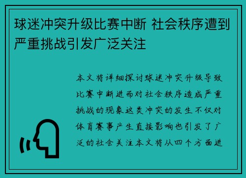 球迷冲突升级比赛中断 社会秩序遭到严重挑战引发广泛关注